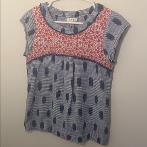 THML Blue Patterned Cap Sleeve Top with Red Floral Yoke